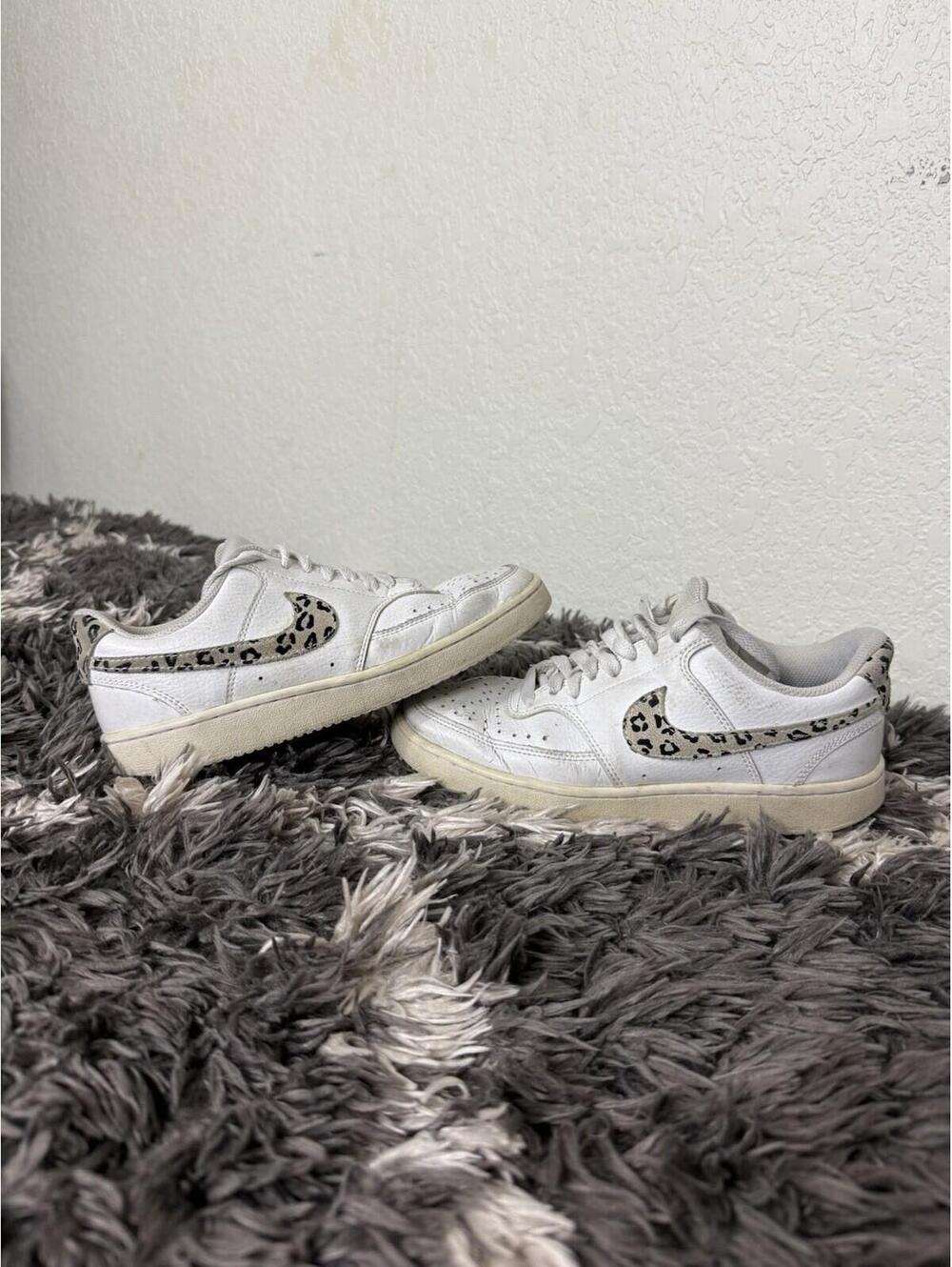 Size 7 - Nike Court Vision Low Leopard Swoosh - White W